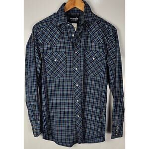 Wrangler pearl snap plaid shirt long sleeve mens size S western cowboy